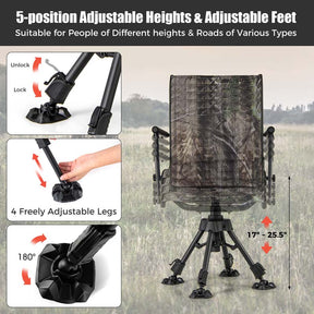 360° Silent Swivel Folding Hunting Blind Chair for Shooting Fishing, Portable Sniper Seat with 4 Adjustable Legs, All-Terrain Foot Pads