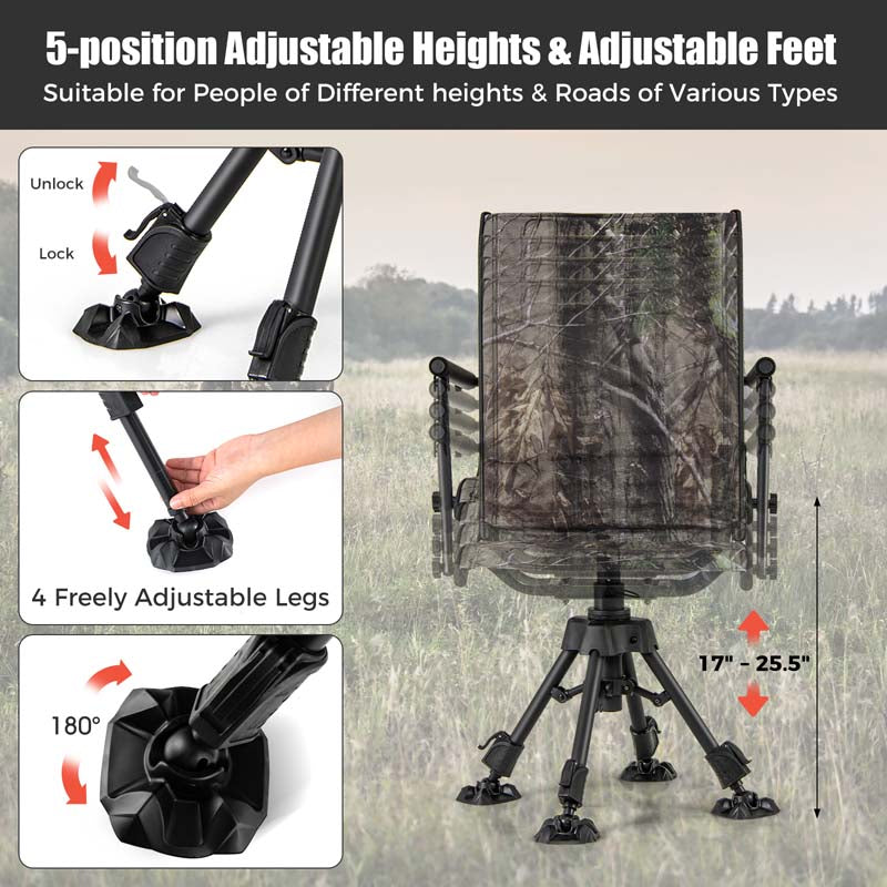 360° Silent Swivel Folding Hunting Blind Chair for Shooting Fishing, Portable Sniper Seat with 4 Adjustable Legs, All-Terrain Foot Pads