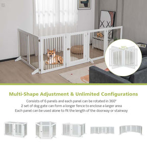 Multi-Shape Freestanding Pet Gate Playpen 144" Extra Wide Foldable Dog Gate Fence Barrier with 6 Panels, 4 Support Feet