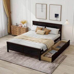 Solid Wood Platform Bed Frame with 2 Storage Drawers & Headboard, Wooden Slats Support Mattress Foundation, No Box Spring Needed