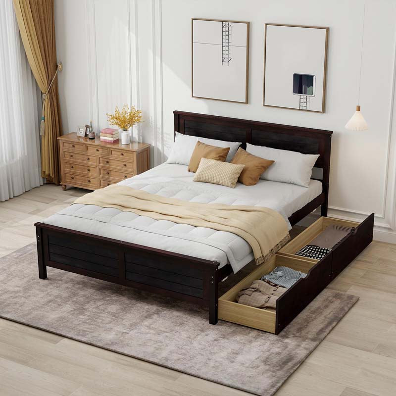 Solid Wood Platform Bed Frame with 2 Storage Drawers & Headboard, Wooden Slats Support Mattress Foundation, No Box Spring Needed