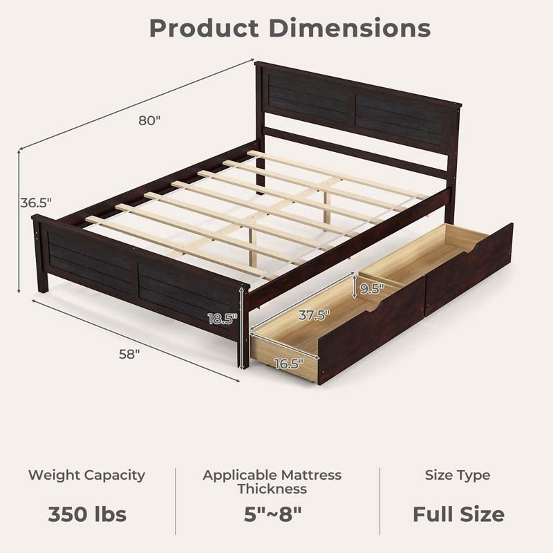 Solid Wood Platform Bed Frame with 2 Storage Drawers & Headboard, Wooden Slats Support Mattress Foundation, No Box Spring Needed