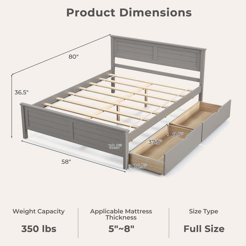 Solid Wood Platform Bed Frame with 2 Storage Drawers & Headboard, Wooden Slats Support Mattress Foundation, No Box Spring Needed