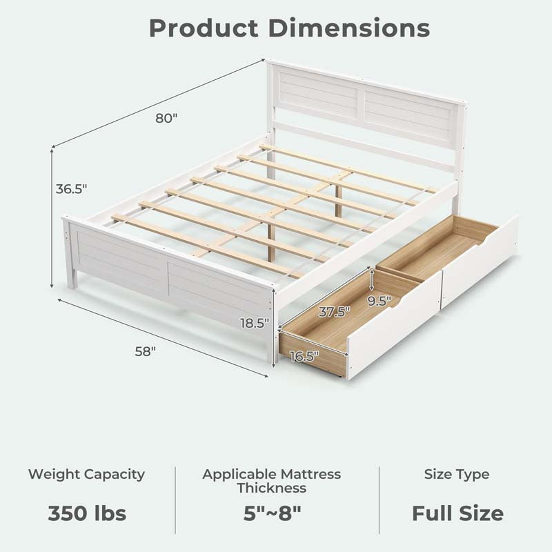Solid Wood Platform Bed Frame with 2 Storage Drawers & Headboard, Wooden Slats Support Mattress Foundation, No Box Spring Needed