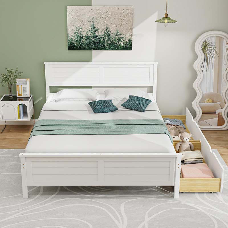 Solid Wood Platform Bed Frame with 2 Storage Drawers & Headboard, Wooden Slats Support Mattress Foundation, No Box Spring Needed