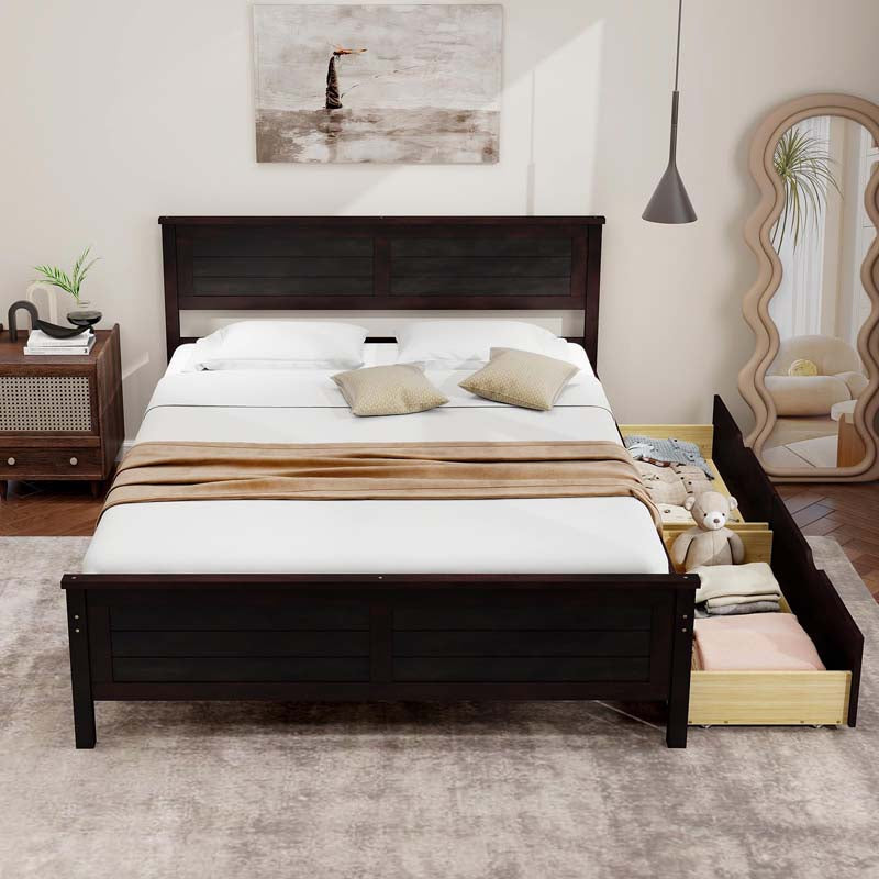 Solid Wood Platform Bed Frame with 2 Storage Drawers & Headboard, Wooden Slats Support Mattress Foundation, No Box Spring Needed