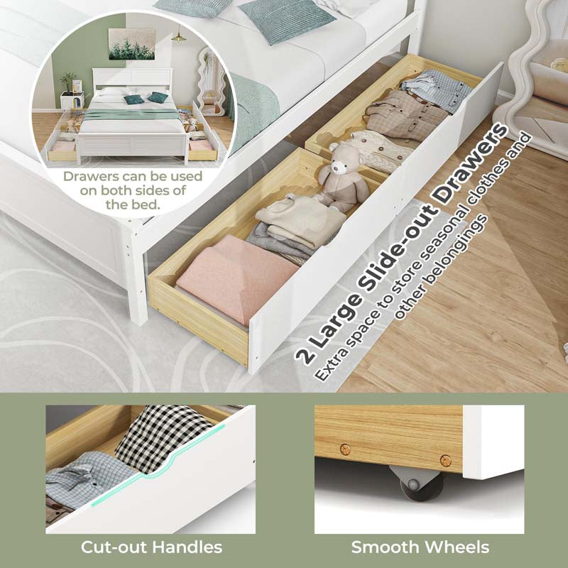 Solid Wood Platform Bed Frame with 2 Storage Drawers & Headboard, Wooden Slats Support Mattress Foundation, No Box Spring Needed