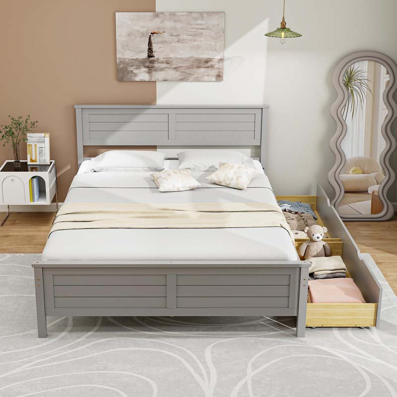 Solid Wood Platform Bed Frame with 2 Storage Drawers & Headboard, Wooden Slats Support Mattress Foundation, No Box Spring Needed