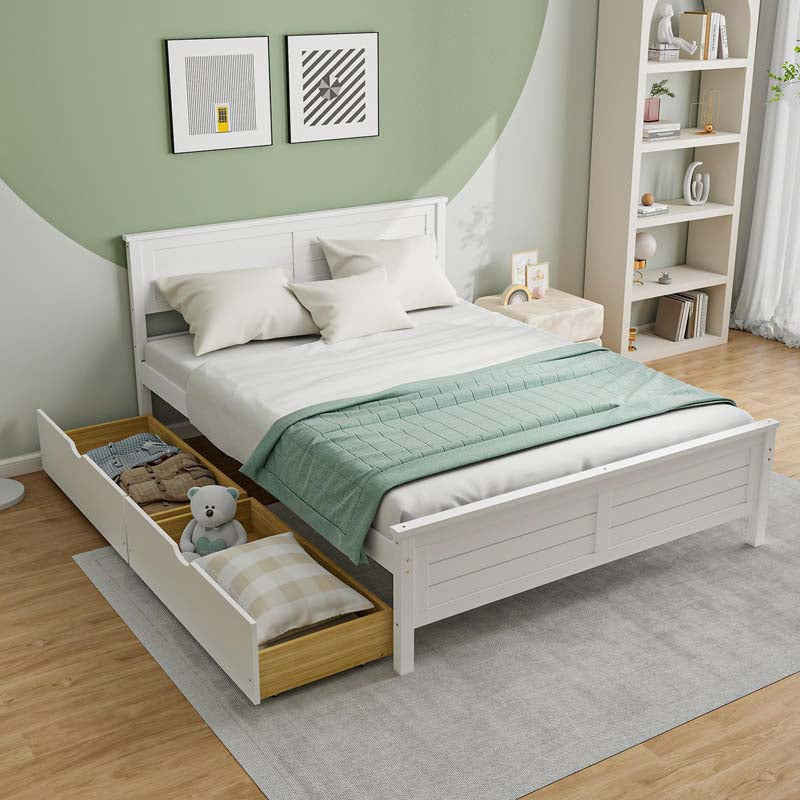 Solid Wood Platform Bed Frame with 2 Storage Drawers & Headboard, Wooden Slats Support Mattress Foundation, No Box Spring Needed