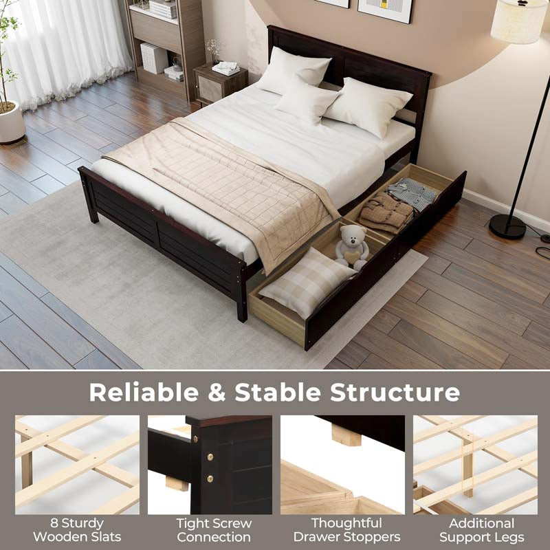 Solid Wood Platform Bed Frame with 2 Storage Drawers & Headboard, Wooden Slats Support Mattress Foundation, No Box Spring Needed