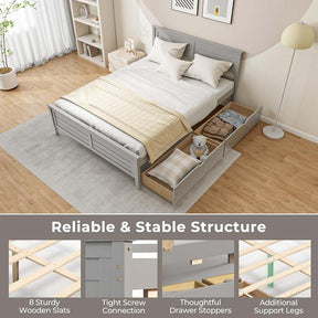 Solid Wood Platform Bed Frame with 2 Storage Drawers & Headboard, Wooden Slats Support Mattress Foundation, No Box Spring Needed