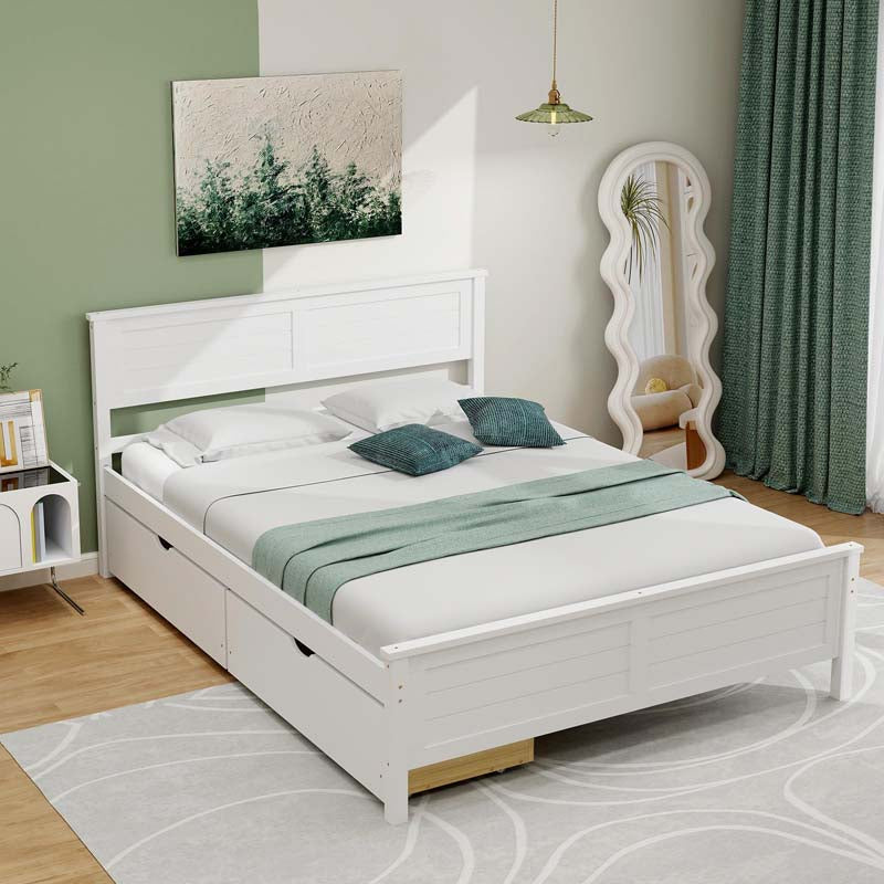 Solid Wood Platform Bed Frame with 2 Storage Drawers & Headboard, Wooden Slats Support Mattress Foundation, No Box Spring Needed