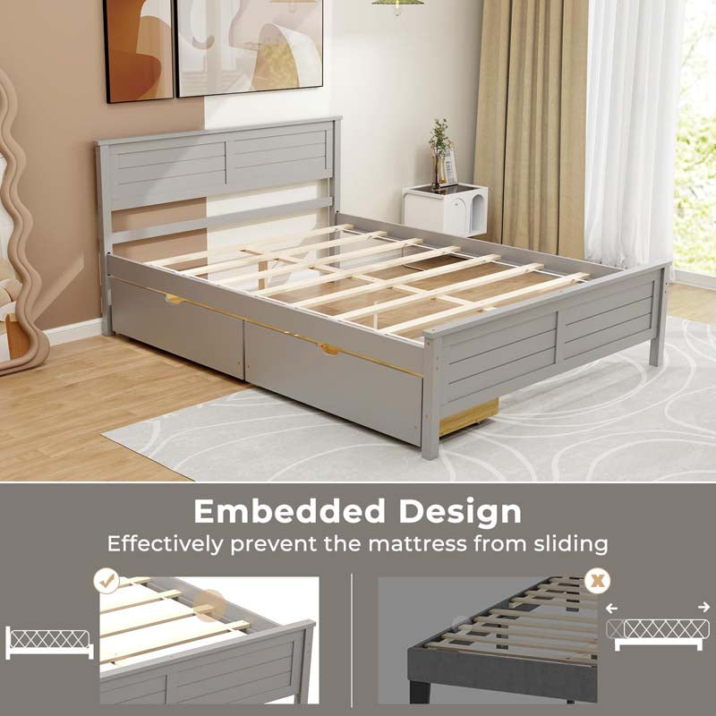 Solid Wood Platform Bed Frame with 2 Storage Drawers & Headboard, Wooden Slats Support Mattress Foundation, No Box Spring Needed