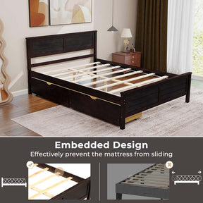 Solid Wood Platform Bed Frame with 2 Storage Drawers & Headboard, Wooden Slats Support Mattress Foundation, No Box Spring Needed