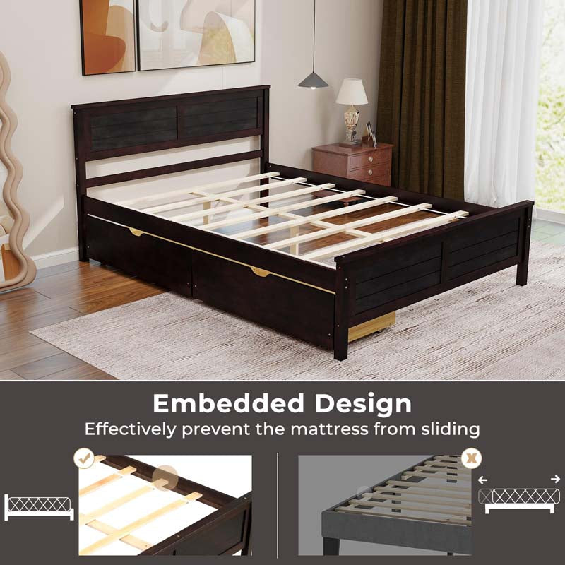 Solid Wood Platform Bed Frame with 2 Storage Drawers & Headboard, Wooden Slats Support Mattress Foundation, No Box Spring Needed