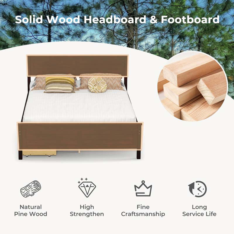 Solid Wood Platform Bed Frame with 2 Storage Drawers & Headboard, Wooden Slats Support Mattress Foundation, No Box Spring Needed