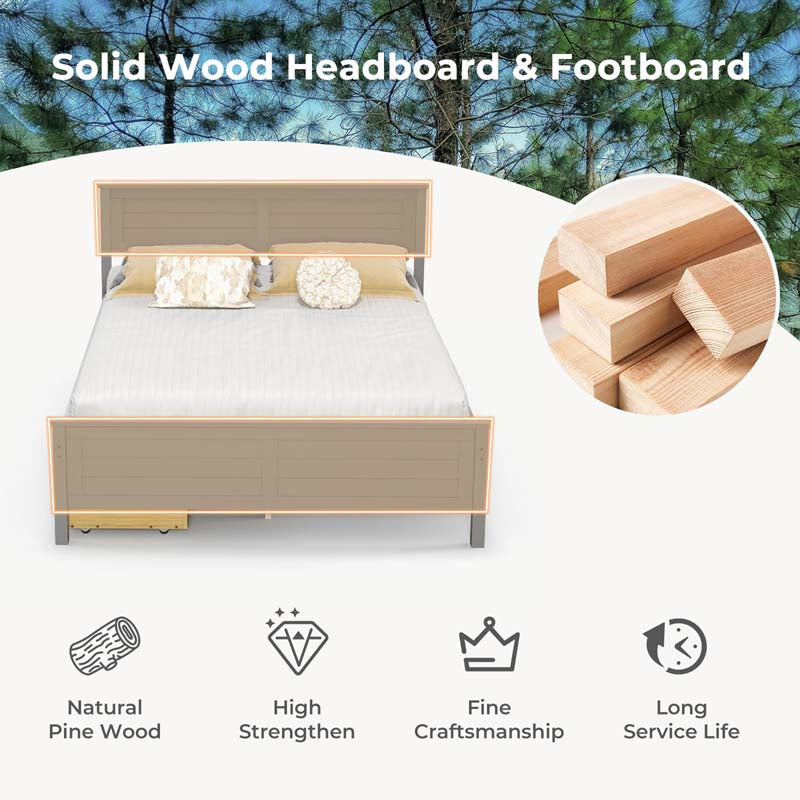 Solid Wood Platform Bed Frame with 2 Storage Drawers & Headboard, Wooden Slats Support Mattress Foundation, No Box Spring Needed