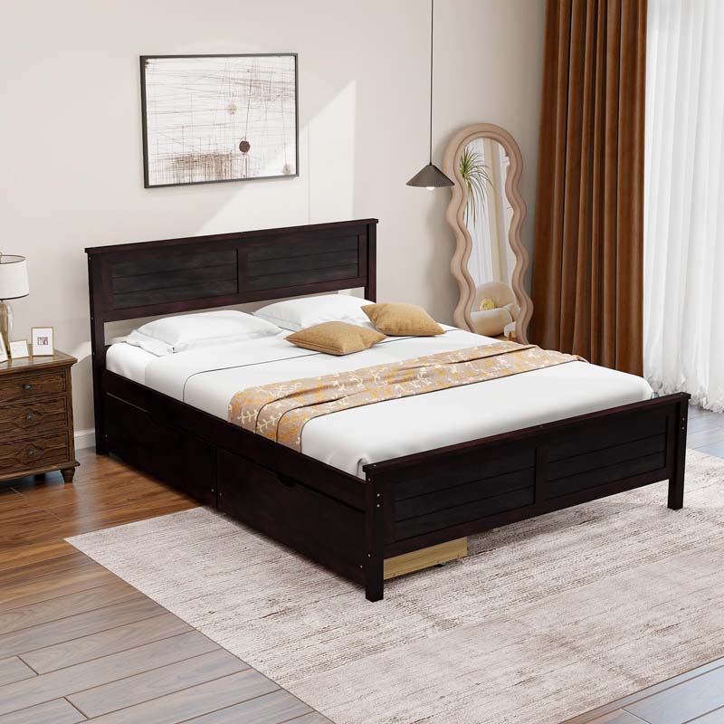 Solid Wood Platform Bed Frame with 2 Storage Drawers & Headboard, Wooden Slats Support Mattress Foundation, No Box Spring Needed
