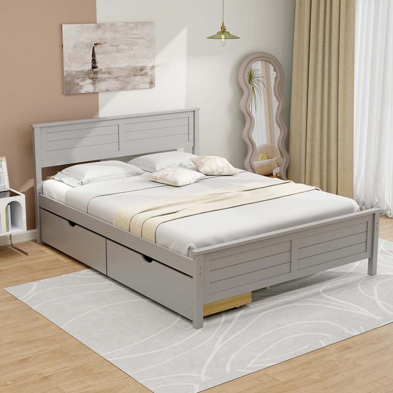 Solid Wood Platform Bed Frame with 2 Storage Drawers & Headboard, Wooden Slats Support Mattress Foundation, No Box Spring Needed