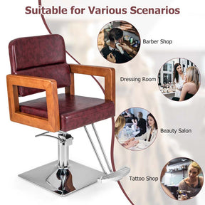 Sleek Red 360° Swivel Barber Salon Chair for Hair Stylist with Wood Armrest, Adjustable Height, Heavy-Duty Hydraulic Pump