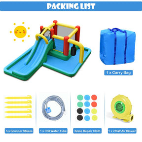 6-in-1 Inflatable Water Slide with 735W Blower, Outdoor Giant Jumping Bounce House Water Park w/Splash Pool, Pendulum