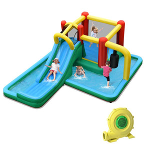 6-in-1 Inflatable Water Slide with 735W Blower, Outdoor Giant Jumping Bounce House Water Park w/Splash Pool, Pendulum