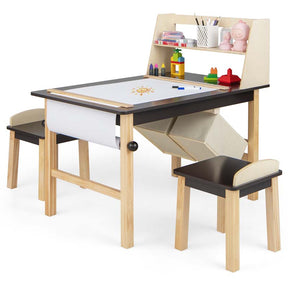 Kids Art Table and Chair Set with Paper Roll, 2 Storage Bins, Kids Activity Play Table Set Wooden Drawing Painting Craft Center