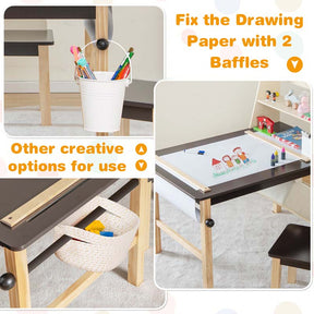 Kids Art Table and Chair Set with Paper Roll, 2 Storage Bins, Kids Activity Play Table Set Wooden Drawing Painting Craft Center