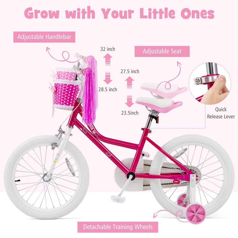 18" Kids Bike with Basket, Removable Training Wheels & Adjustable Padded Seat, Steel Frame Children Bicycle for 4-9 Years Old Girls Boys