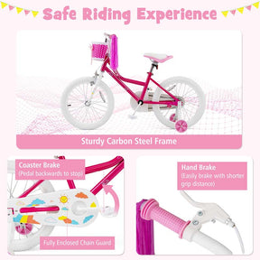 18" Kids Bike with Basket, Removable Training Wheels & Adjustable Padded Seat, Steel Frame Children Bicycle for 4-9 Years Old Girls Boys