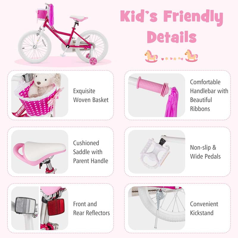 18" Kids Bike with Basket, Removable Training Wheels & Adjustable Padded Seat, Steel Frame Children Bicycle for 4-9 Years Old Girls Boys