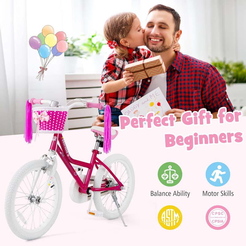 18" Kids Bike with Basket, Removable Training Wheels & Adjustable Padded Seat, Steel Frame Children Bicycle for 4-9 Years Old Girls Boys
