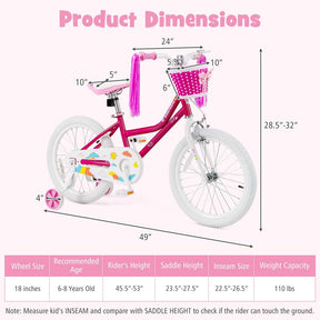 18" Kids Bike with Basket, Removable Training Wheels & Adjustable Padded Seat, Steel Frame Children Bicycle for 4-9 Years Old Girls Boys