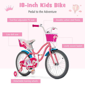 12/14/16/18" Girls Bike with Basket, Doll Seat & Streamers, Removable Training Wheels, Adjustable Kids Bicycle for Ages 3-8 Children Gift