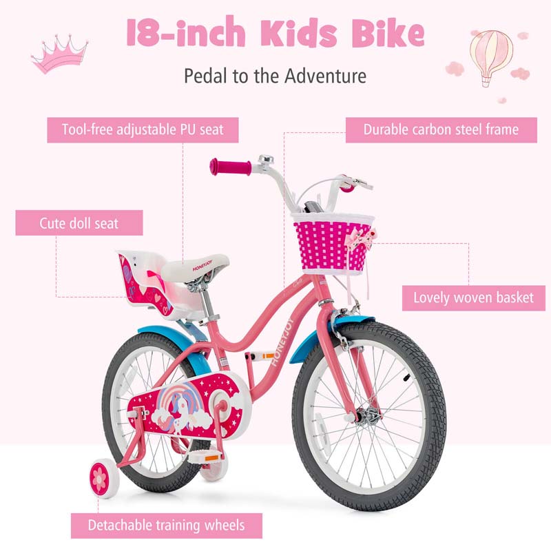 12/14/16/18" Girls Bike with Basket, Doll Seat & Streamers, Removable Training Wheels, Adjustable Kids Bicycle for Ages 3-8 Children Gift