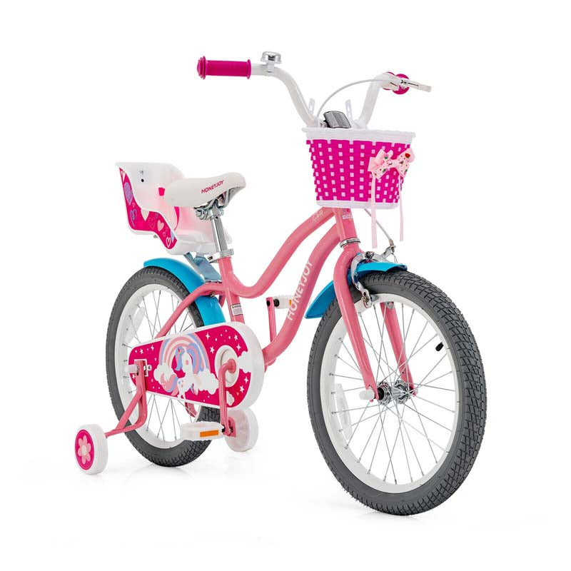 12/14/16/18" Girls Bike with Basket, Doll Seat & Streamers, Removable Training Wheels, Adjustable Kids Bicycle for Ages 3-8 Children Gift