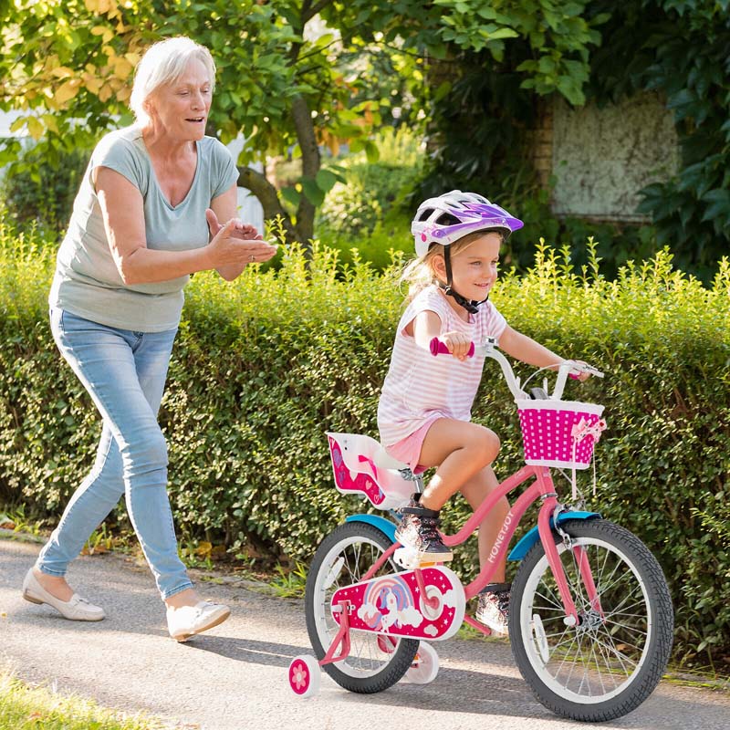 12/14/16/18" Girls Bike with Basket, Doll Seat & Streamers, Removable Training Wheels, Adjustable Kids Bicycle for Ages 3-8 Children Gift