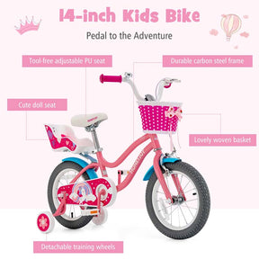 12/14/16/18" Girls Bike with Basket, Doll Seat & Streamers, Removable Training Wheels, Adjustable Kids Bicycle for Ages 3-8 Children Gift