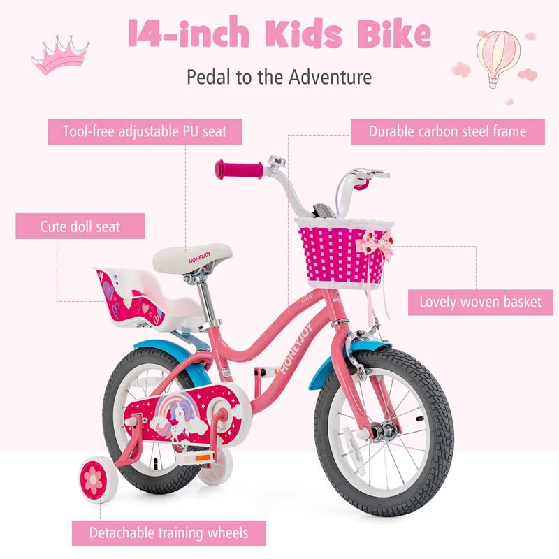 12/14/16/18" Girls Bike with Basket, Doll Seat & Streamers, Removable Training Wheels, Adjustable Kids Bicycle for Ages 3-8 Children Gift