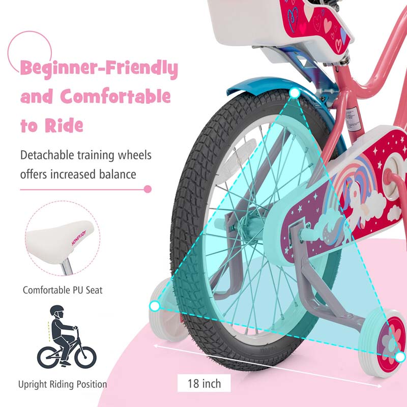 12/14/16/18" Girls Bike with Basket, Doll Seat & Streamers, Removable Training Wheels, Adjustable Kids Bicycle for Ages 3-8 Children Gift