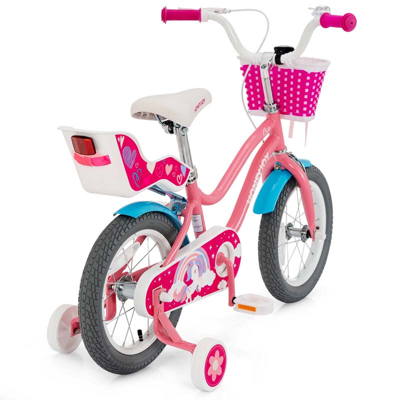 12/14/16/18" Girls Bike with Basket, Doll Seat & Streamers, Removable Training Wheels, Adjustable Kids Bicycle for Ages 3-8 Children Gift