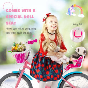 12/14/16/18" Girls Bike with Basket, Doll Seat & Streamers, Removable Training Wheels, Adjustable Kids Bicycle for Ages 3-8 Children Gift