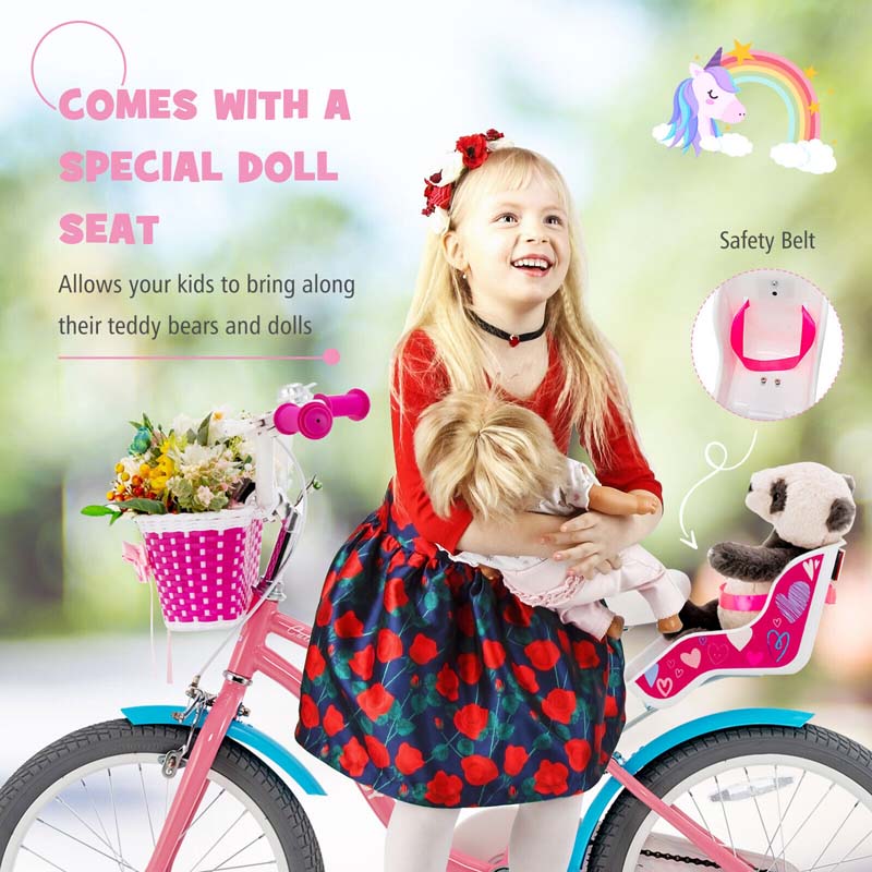 12/14/16/18" Girls Bike with Basket, Doll Seat & Streamers, Removable Training Wheels, Adjustable Kids Bicycle for Ages 3-8 Children Gift