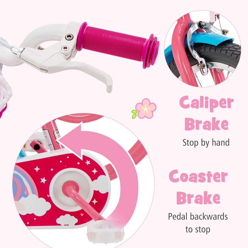 12/14/16/18" Girls Bike with Basket, Doll Seat & Streamers, Removable Training Wheels, Adjustable Kids Bicycle for Ages 3-8 Children Gift