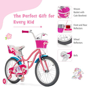 12/14/16/18" Girls Bike with Basket, Doll Seat & Streamers, Removable Training Wheels, Adjustable Kids Bicycle for Ages 3-8 Children Gift