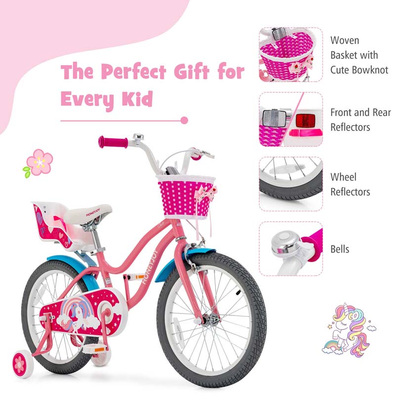 12/14/16/18" Girls Bike with Basket, Doll Seat & Streamers, Removable Training Wheels, Adjustable Kids Bicycle for Ages 3-8 Children Gift