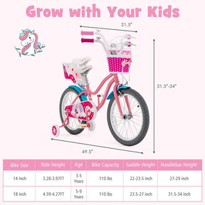 12/14/16/18" Girls Bike with Basket, Doll Seat & Streamers, Removable Training Wheels, Adjustable Kids Bicycle for Ages 3-8 Children Gift