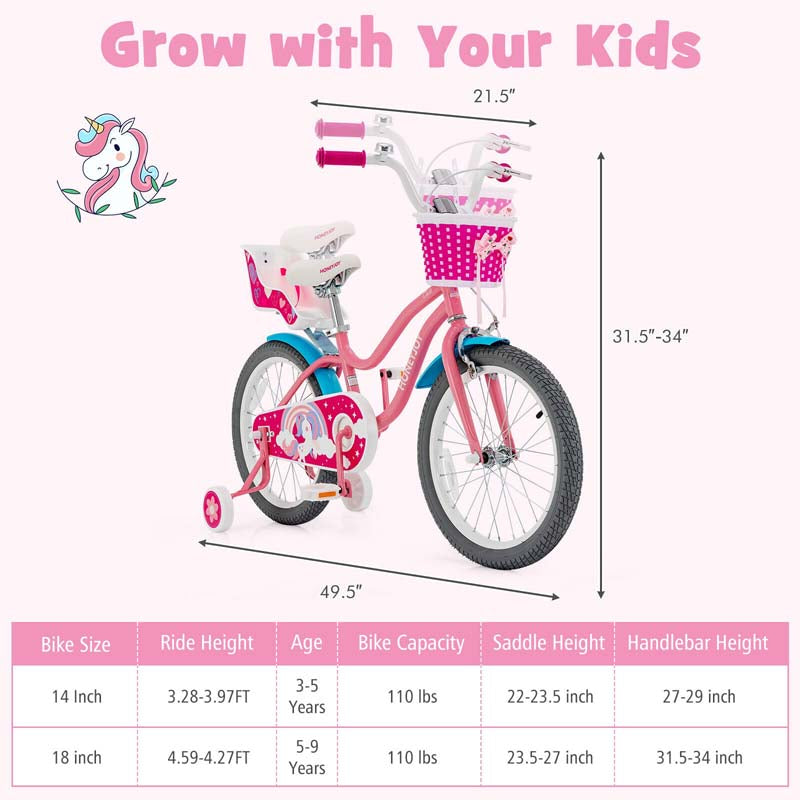 12/14/16/18" Girls Bike with Basket, Doll Seat & Streamers, Removable Training Wheels, Adjustable Kids Bicycle for Ages 3-8 Children Gift