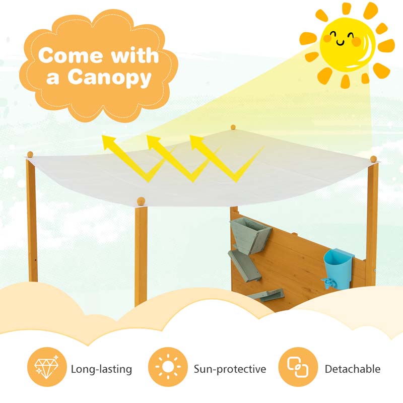 Wooden Kids Sandbox with Removable Canopy & Sand Wall, Cedar Bottomless Kids Sand Pit for Outdoor Backyard