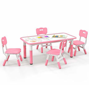 Kids Table and 4 Chairs Set, Height Adjustable Toddler Art Activity Desk with 4 Seats & Graffiti Desktop for Home, Daycare & Playroom